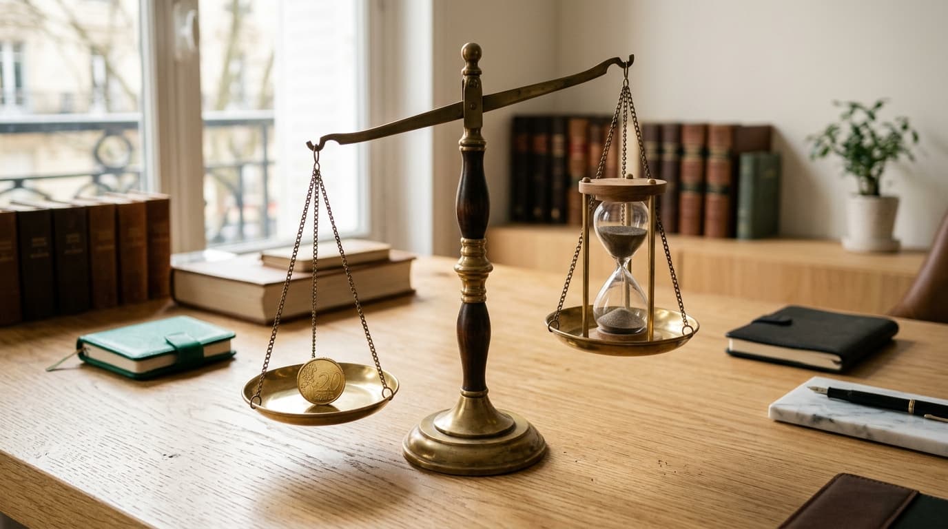Balance comparant une pièce de 20 euros et un sablier, symbolisant l'arbitrage entre coût d'abonnement IA et temps gagné.